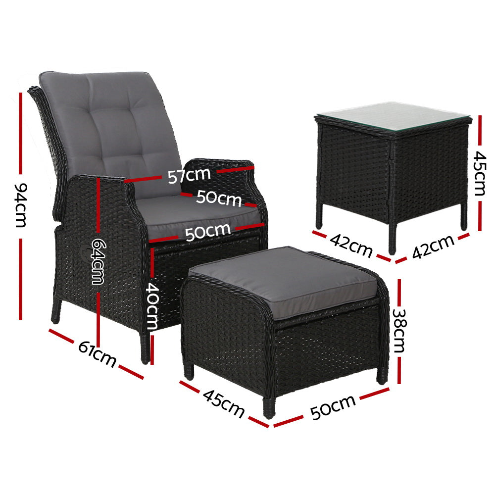 Nauru X2 Wicker Recliner Chair With Ottoman & Side Table - Nova Tech