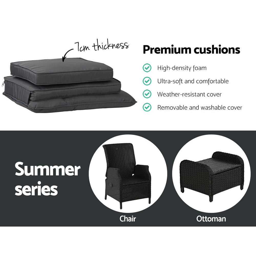 Nauru X2 Wicker Recliner Chair With Ottoman & Side Table - Nova Tech