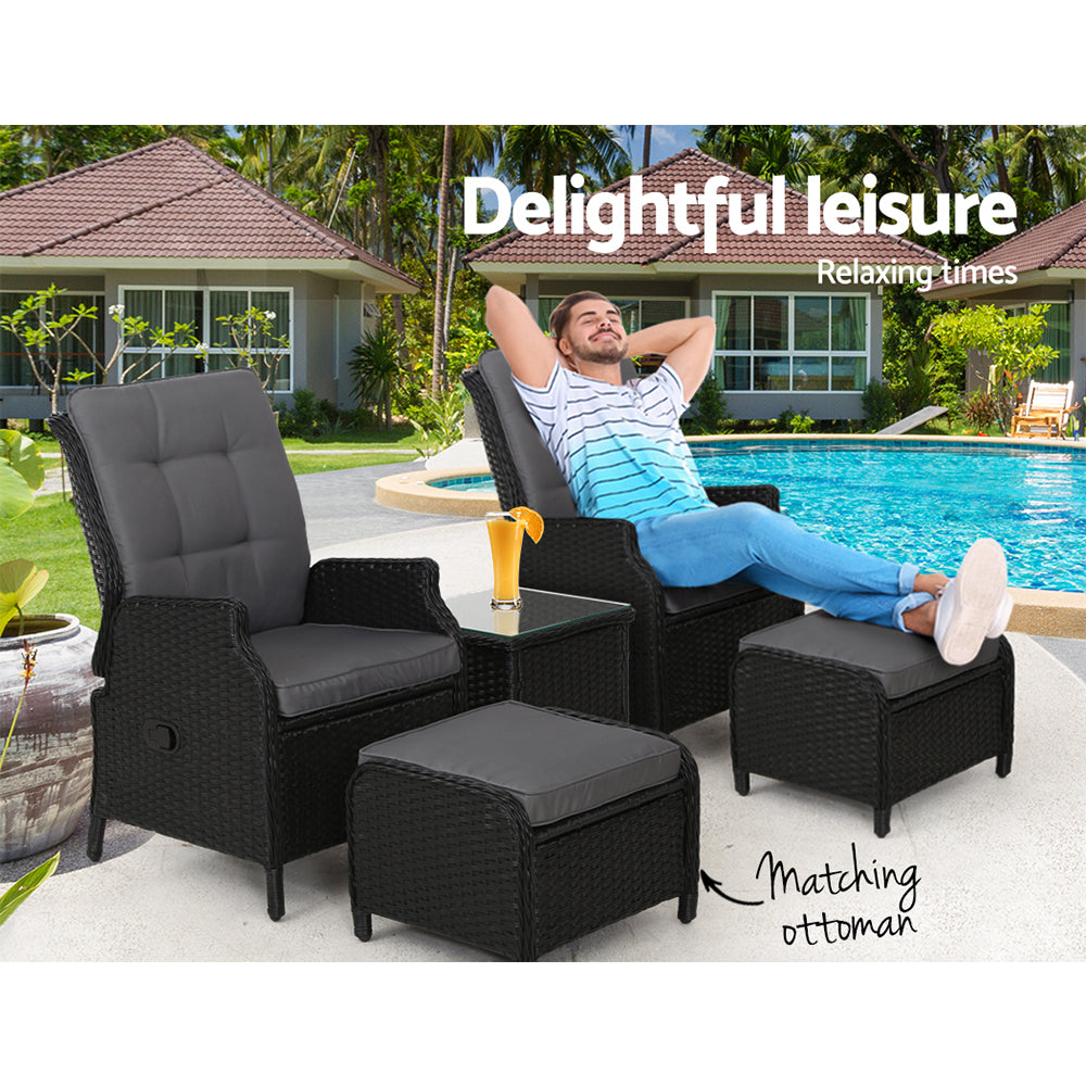 Nauru X2 Wicker Recliner Chair With Ottoman & Side Table - Nova Tech