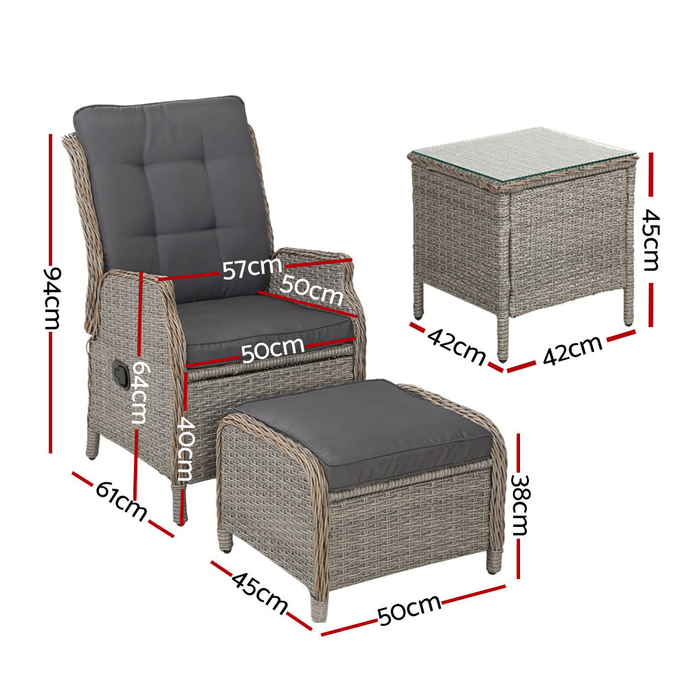 Nauru X2 Wicker Recliner Chair With Ottoman & Side Table - Nova Tech