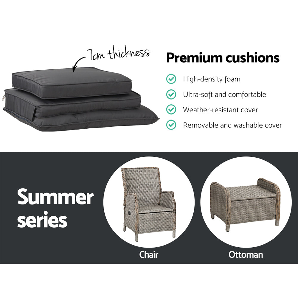 Nauru X2 Wicker Recliner Chair With Ottoman & Side Table - Nova Tech