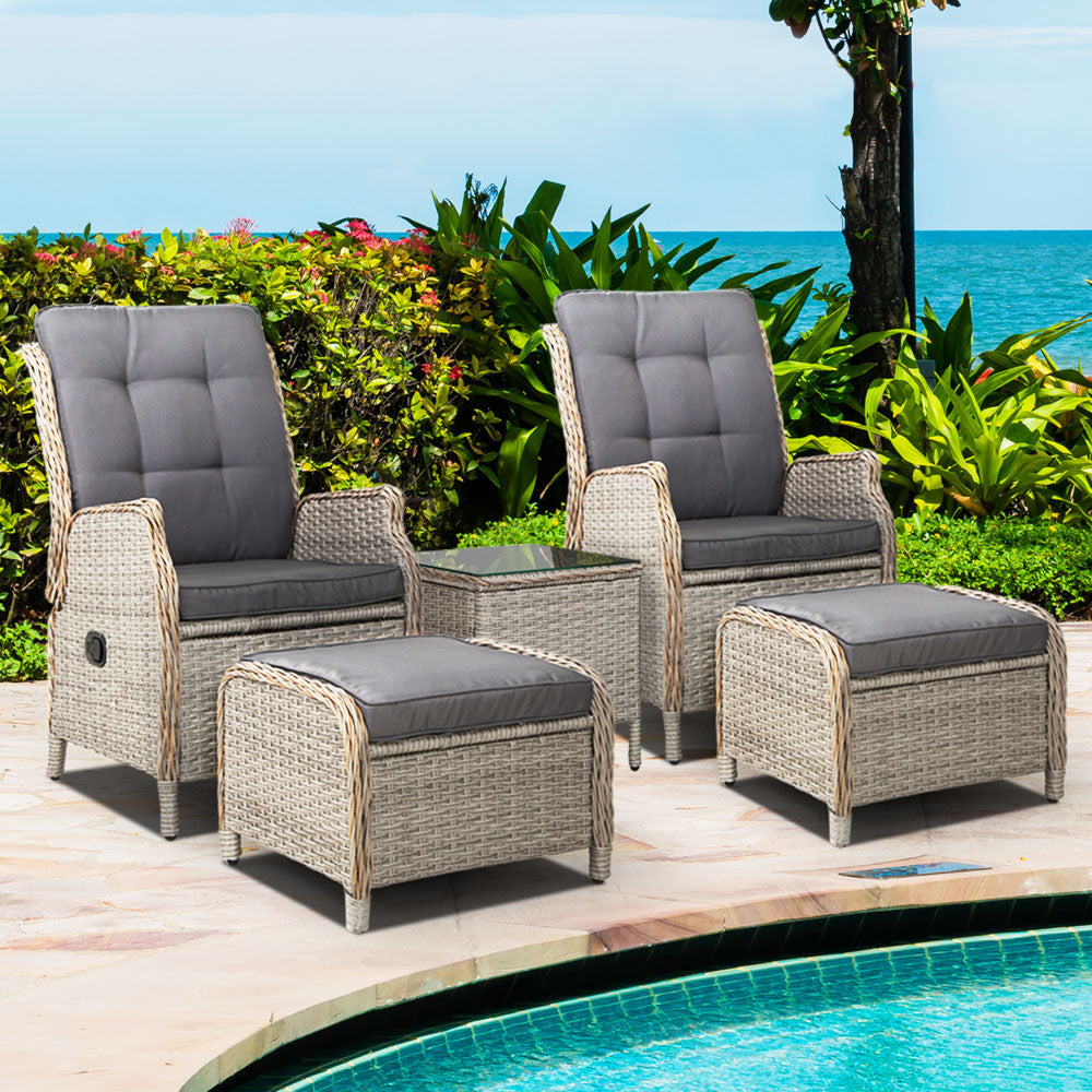 Nauru X2 Wicker Recliner Chair With Ottoman & Side Table