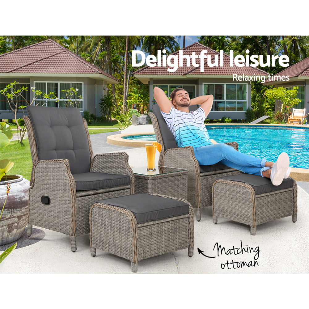 Nauru X2 Wicker Recliner Chair With Ottoman & Side Table