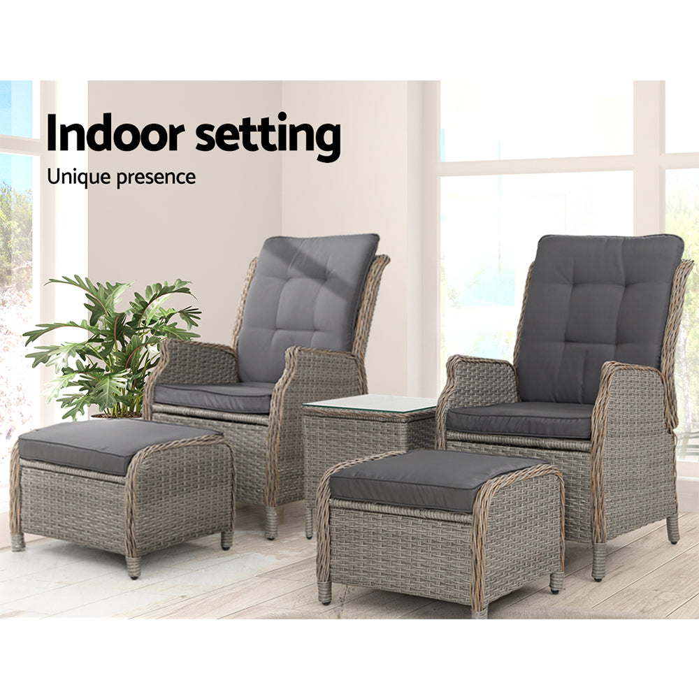 Nauru X2 Wicker Recliner Chair With Ottoman & Side Table